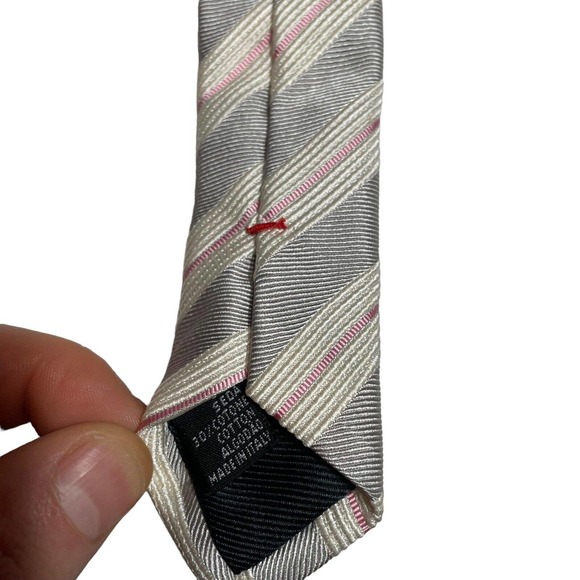 Moschino Mens Neck Tie Pink White Gray Stripes - Picture 3 of 5